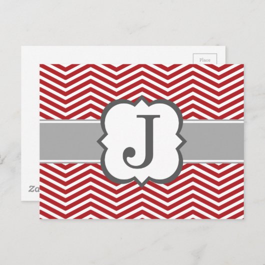 Red White Monogram Letter J Chevron Briefkaart (Voorkant / Achterkant)