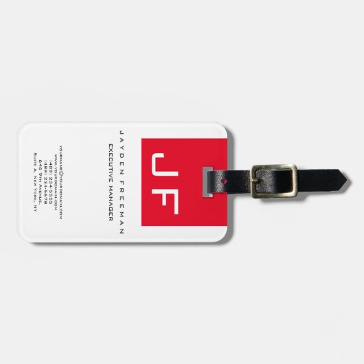 Red White Monogram Modern minimalist Bagagelabel (Voorkant horizontaal)