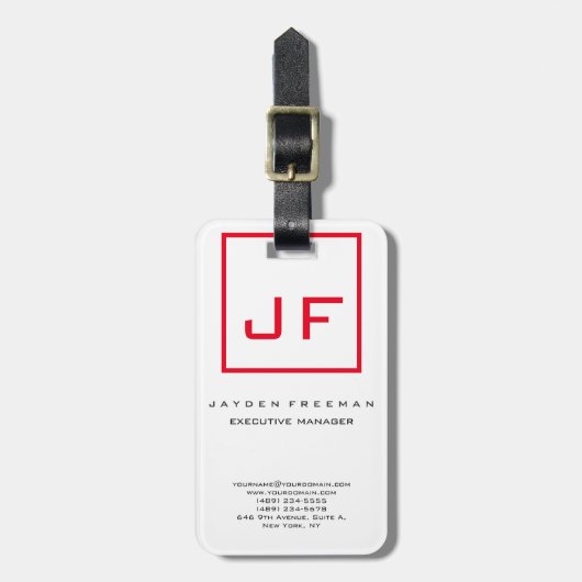 Red White Monogram Modern minimalist Bagagelabel (Voorkant verticaal)