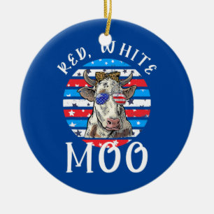 Red White Moo Cute American Koe Farmer 4th of Keramisch Ornament
