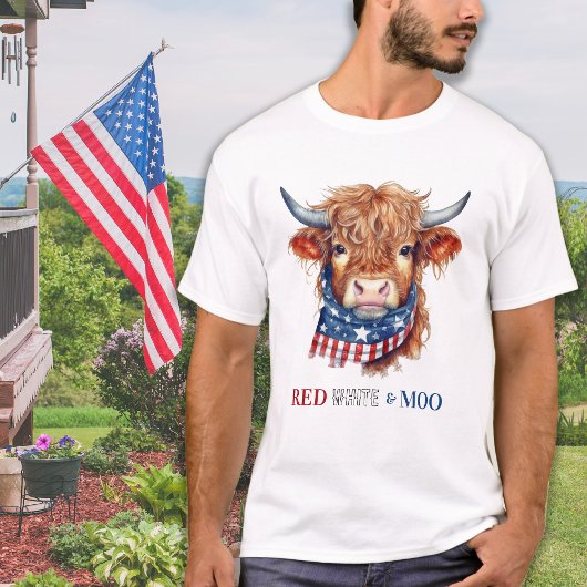 Red White Moo Patriottische Hoogland Koe 4 juli T-shirt