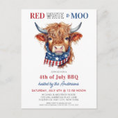 Red White Moo Patriottische Hoogland Koe 4 juli Uitnodiging Briefkaart (Voorkant)