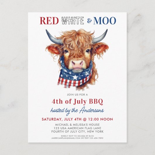 Red White Moo Patriottische Hoogland Koe 4 juli Uitnodiging Briefkaart (Voorkant)