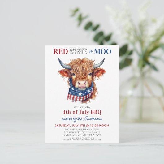 Red White Moo Patriottische Hoogland Koe 4 juli Uitnodiging Briefkaart (Staand voorkant)