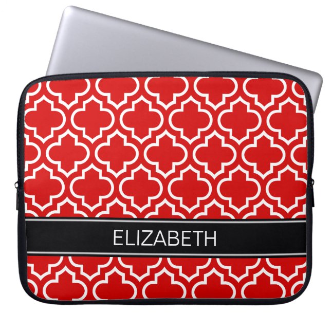 Red White Moroccan #6 Black Name Monogram Laptop Sleeve (Voorkant)