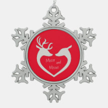 Red & White Mr & Mrs Deer Couple Snowflake Pewter