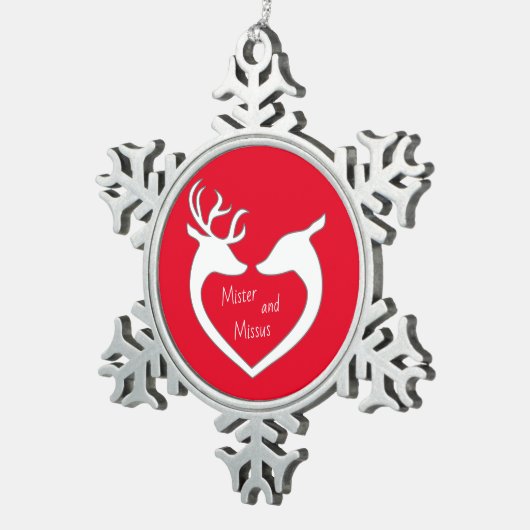 Red & White Mr & Mrs Deer Couple Tin Sneeuwvlok Ornament (Rechts)