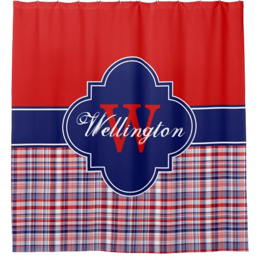 Red White Navy Blue Madras Pset 1ICB Ribbon Name Douchegordijn (Voorkant)