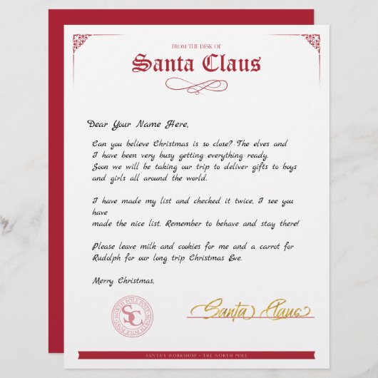 Red White Officiële brief van Santa Claus (Voorkant / Achterkant)