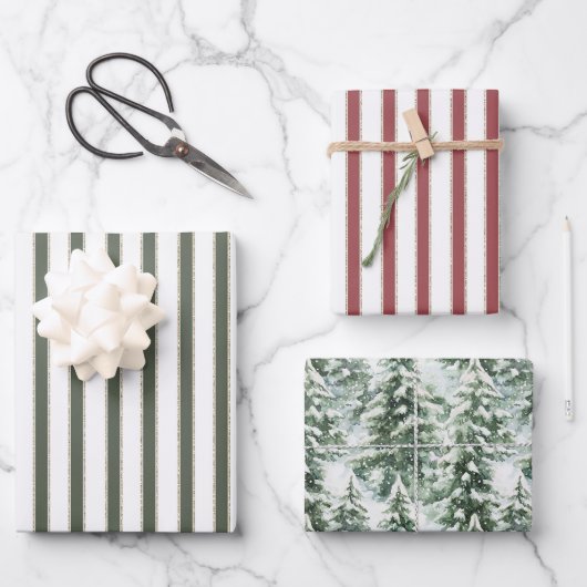 Red White Olive Green Stripes Christmas Trees Inpakpapier Vel (Voorkant)