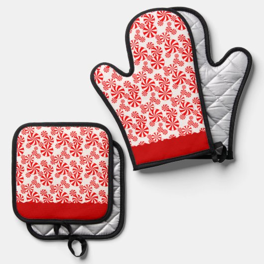 Red White Pepemint Holiday Pattern Kitchen Towel Ovenwant & Pannenlap Set (Voorkant / Achterkant)