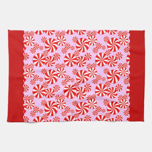 Red White Pepemint Pattern op Roze keukenhanddoek (Horizontaal)