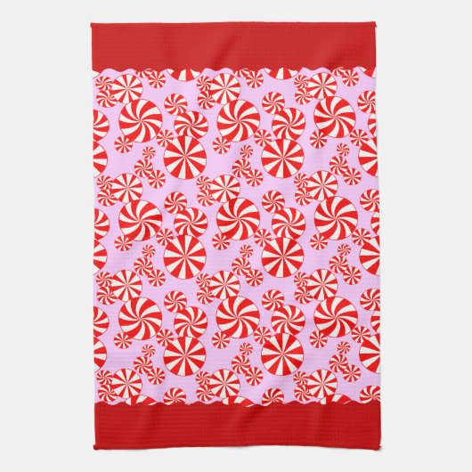Red White Pepemint Pattern op Roze keukenhanddoek (Verticaal)