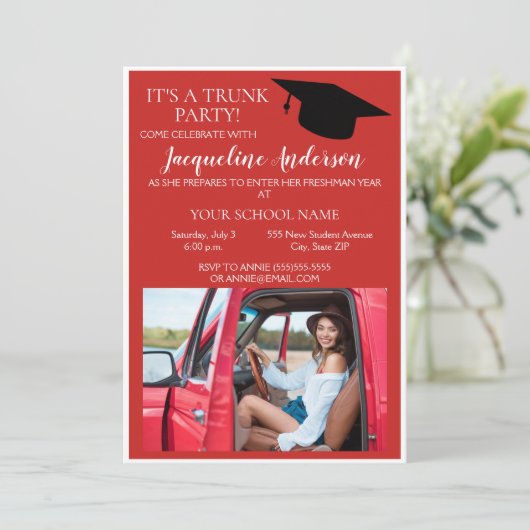 Red White Photo College Trunk Party Kaart (Staand voorkant)