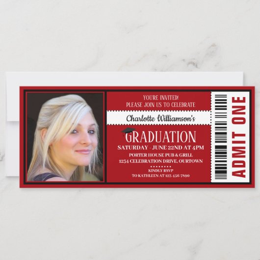 Red|White Photo Ticket Graduparty Kaart (Voorkant)