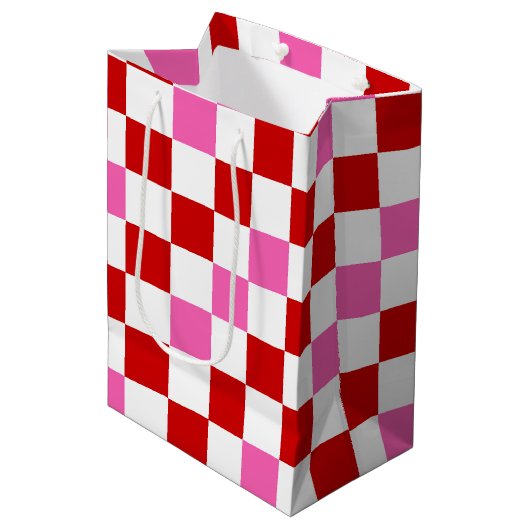 Red White Pink Checkered Pattern Design  Medium Cadeauzakje (Voorkant Gekanteld)