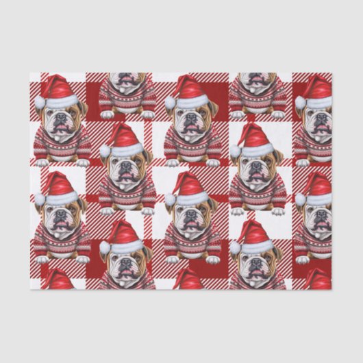 Red White Plaid Bulldog Kerstvakantie Tissuepapier (Voorkant)