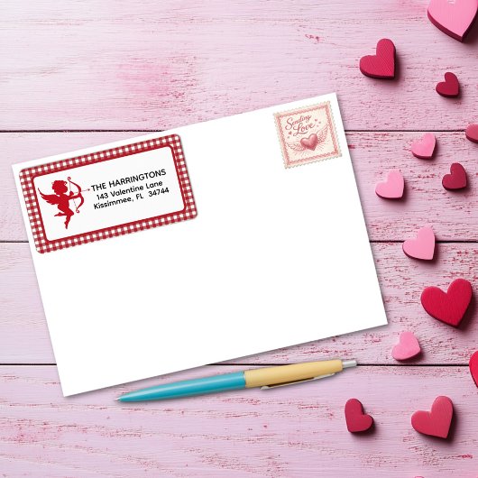 Red & White Plaid Gingham Valentine Cupid & Bow Etiket