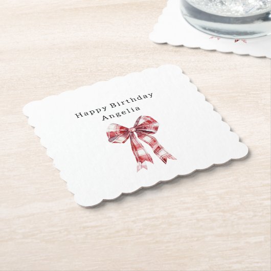 Red White Plaid Stripes Bow Birthday Kartonnen Onderzetters (Gebogen)