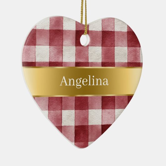 Red White Plaid Stripes Gold Ribbon Christmas Keramisch Ornament (Rechts)