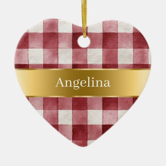 Red White Plaid Stripes Gold Ribbon Christmas Keramisch Ornament (Voorkant)