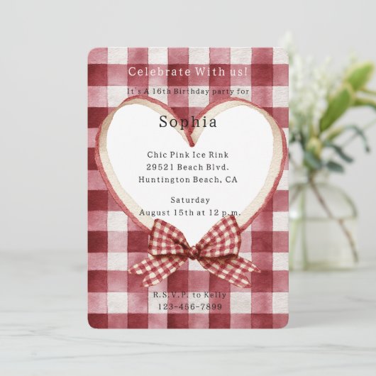 Red White Plaid Stripes Heart Birthday Kaart (Staand voorkant)