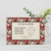 Red White Poinsettia Christmas POT LUCK Supper Kaart (Staand voorkant)