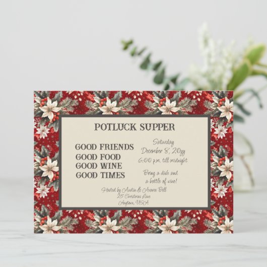 Red White Poinsettia Christmas POT LUCK Supper Kaart (Staand voorkant)