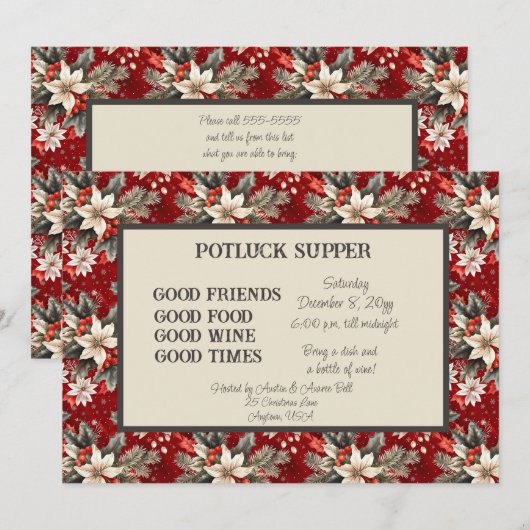 Red White Poinsettia Christmas POT LUCK Supper Kaart (Voorkant / Achterkant)