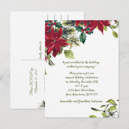Red & White Poinsettia Holly kerstparty Uitnodiging Briefkaart (Voorkant / Achterkant)