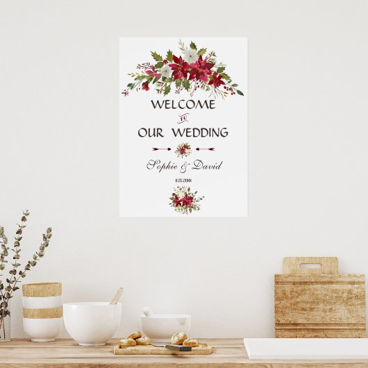 Red White Poinsettia Weddenschap Welkomstteken Poster (Keuken)