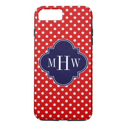 Red White Polka Dot Navy Quatrefoil 3 Monogram Case-Mate iPhone Case (Achterkant)