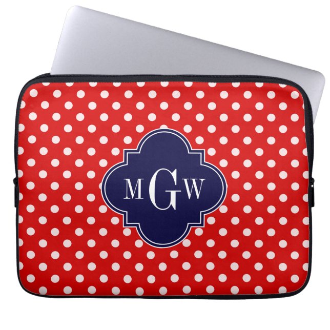 Red White Polka Dot Navy Quatrefoil 3 Monogram Laptop Sleeve (Voorkant)