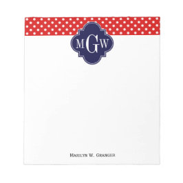 Red White Polka Dot Navy Quatrefoil 3 Monogram Notitieblok
