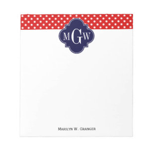 Red White Polka Dot Navy Quatrefoil 3 Monogram Notitieblok
