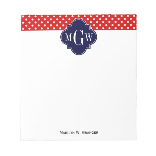 Red White Polka Dot Navy Quatrefoil 3 Monogram Notitieblok (Voorkant)