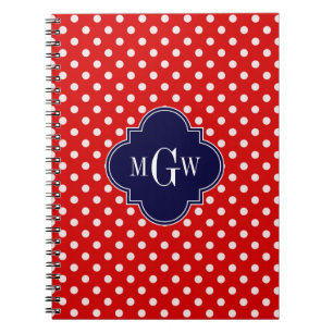 Red White Polka Dot Navy Quatrefoil 3 Monogram Notitieboek