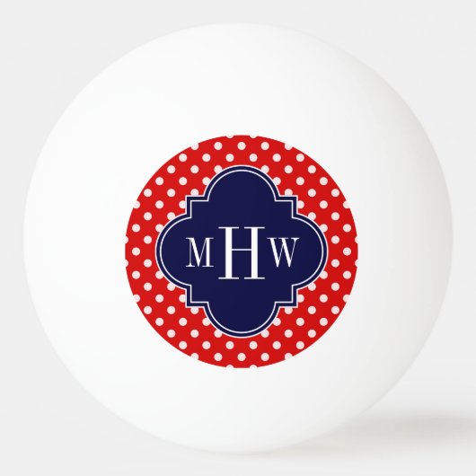 Red White Polka Dot Navy Quatrefoil 3 Monogram Pingpongbal (Voorkant)