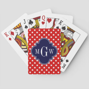 Red White Polka Dot Navy Quatrefoil 3 Monogram Pokerkaarten
