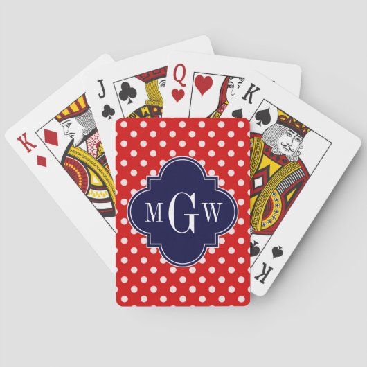 Red White Polka Dot Navy Quatrefoil 3 Monogram Pokerkaarten (Achterkant)