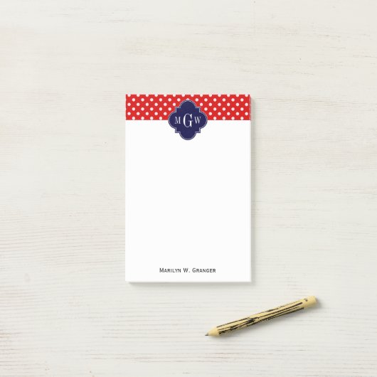 Red White Polka Dot Navy Quatrefoil 3 Monogram Post-it® Notes (Op bureau)