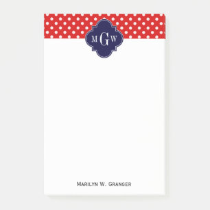 Red White Polka Dot Navy Quatrefoil 3 Monogram Post-it® Notes