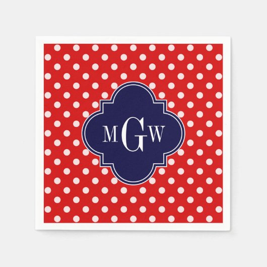 Red White Polka Dot Navy Quatrefoil 3 Monogram Servet (Voorkant)