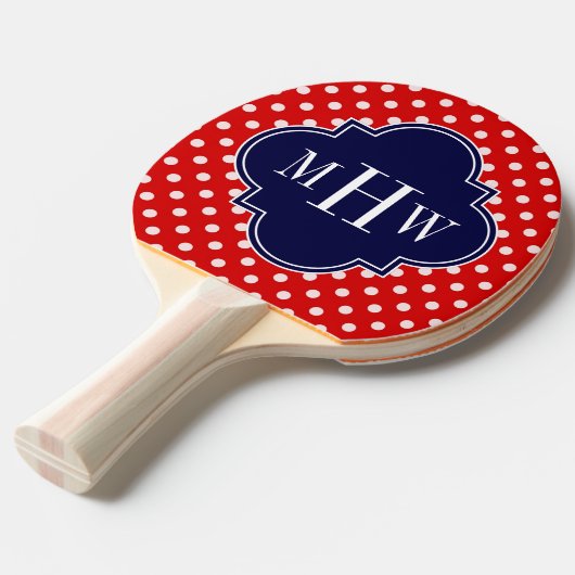 Red White Polka Dot Navy Quatrefoil 3 Monogram Tafeltennisbatje (Voorkant Gekanteld)