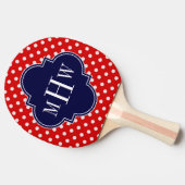 Red White Polka Dot Navy Quatrefoil 3 Monogram Tafeltennisbatje (Zijkant)
