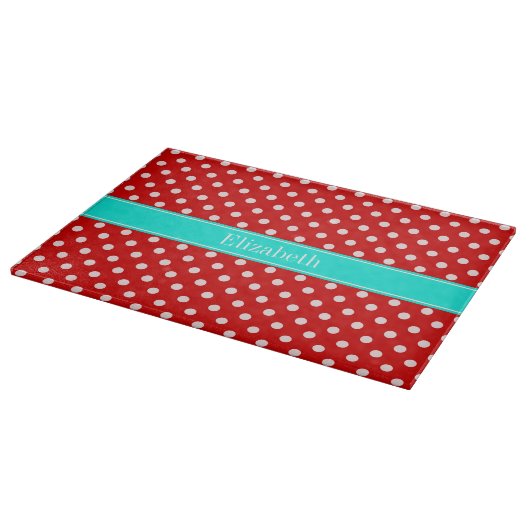 Red White Polka Dots Bright Aqua Name Monogram Snijplank (Hoek)