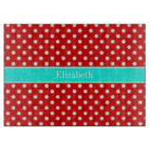 Red White Polka Dots Bright Aqua Name Monogram Snijplank (Voorkant)