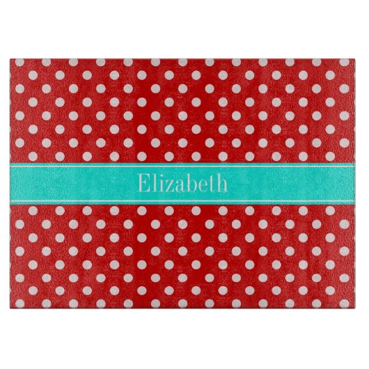 Red White Polka Dots Bright Aqua Name Monogram Snijplank (Voorkant)