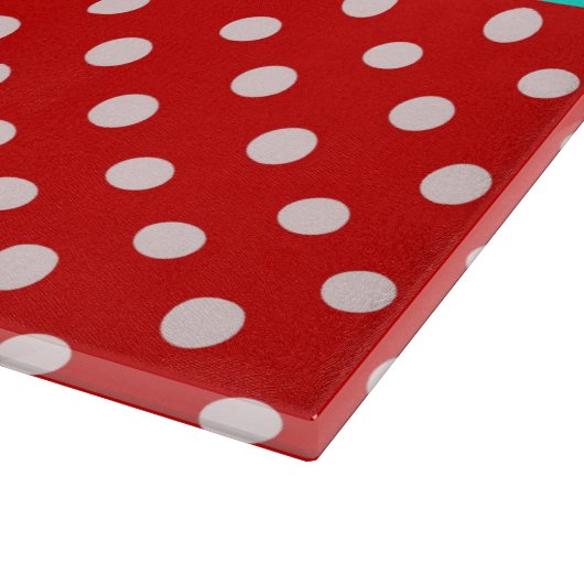 Red White Polka Dots Bright Aqua Name Monogram Snijplank (Hoek)