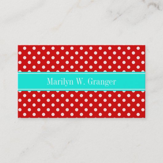 Red White Polka Dots Bright Aqua Name Monogram Visitekaartje (Voorkant)